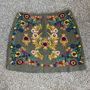 Altar'd State Olive Green Embroidered Linen Cotton Mini Skirt, Size Medium